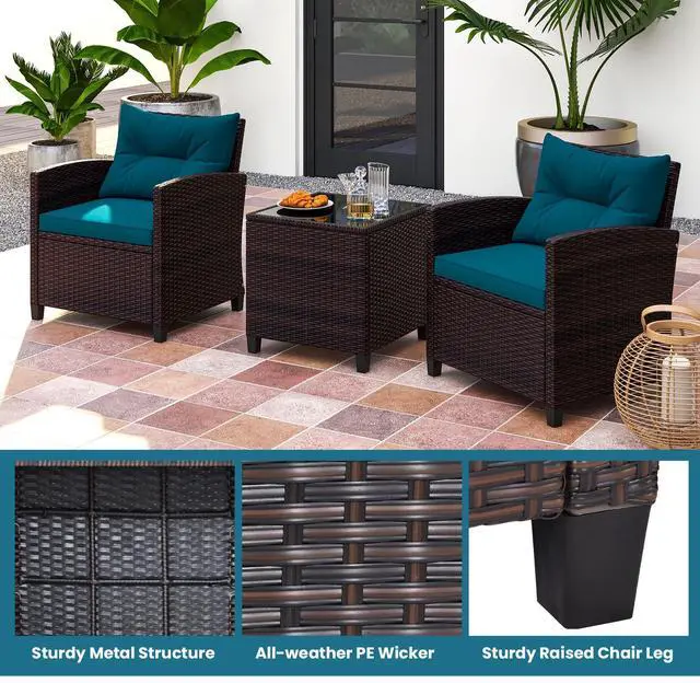 Alt view image 6 of 6 - SlickBlue 3 Pieces Rattan Patio Furniture Set with Washable Cushion
