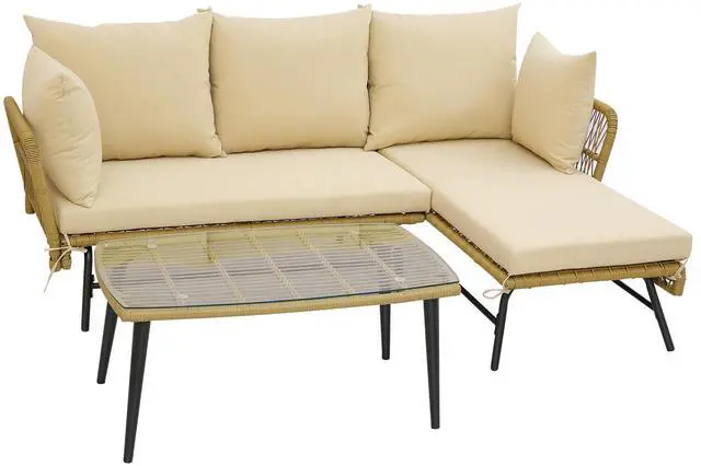 Alt view image 4 of 7 - SlickBlue 3 Pieces L-Shaped Patio Sofa with Cushions and Tempered Glass Table