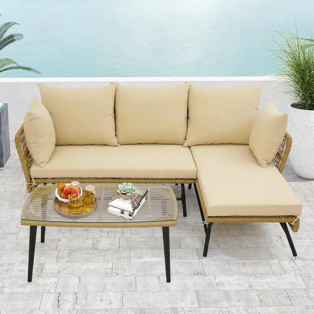 Alt view image 2 of 7 - SlickBlue 3 Pieces L-Shaped Patio Sofa with Cushions and Tempered Glass Table