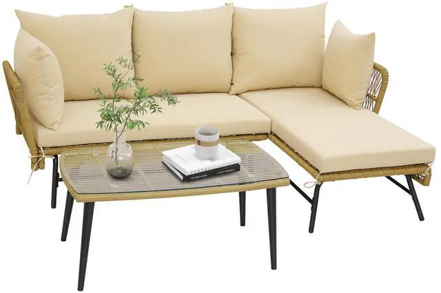 Main image of SlickBlue 3 Pieces L-Shaped Patio Sofa with Cushions and Tempered Glass Table