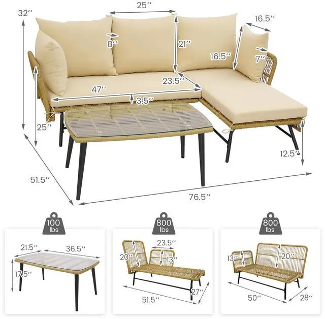 Alt view image 5 of 7 - SlickBlue 3 Pieces L-Shaped Patio Sofa with Cushions and Tempered Glass Table