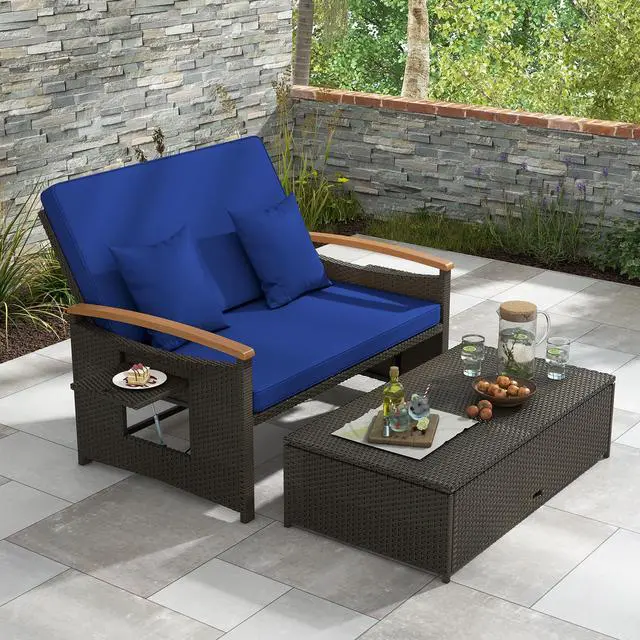 Alt view image 3 of 7 - SlickBlue Outdoor Wicker Daybed with Folding Panels and Storage Ottoman
