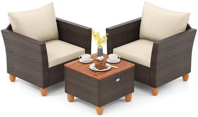 Main image of SlickBlue 3 Pieces Patio PE Wicker Furniture Set with Cushions and Acacia Wood Storage Coffee Table-Beige