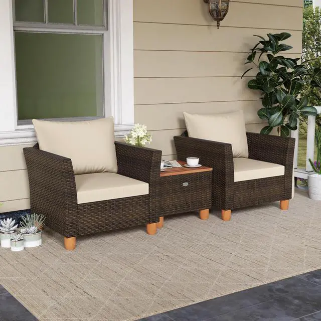 Alt view image 2 of 7 - SlickBlue 3 Pieces Patio PE Wicker Furniture Set with Cushions and Acacia Wood Storage Coffee Table-Beige