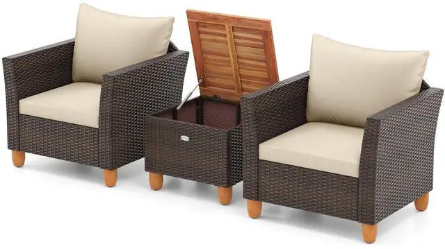 Alt view image 4 of 7 - SlickBlue 3 Pieces Patio PE Wicker Furniture Set with Cushions and Acacia Wood Storage Coffee Table-Beige