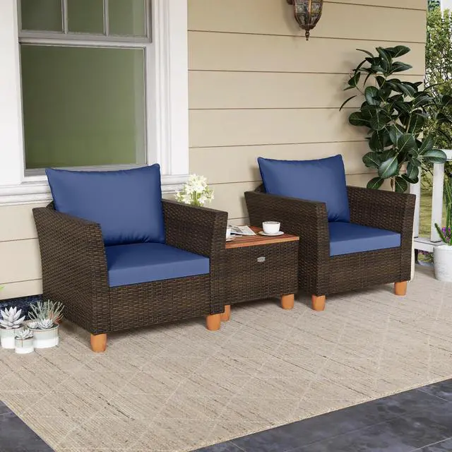 Alt view image 2 of 7 - SlickBlue 3 Pieces Patio PE Wicker Furniture Set with Cushions and Acacia Wood Storage Coffee Table-Navy