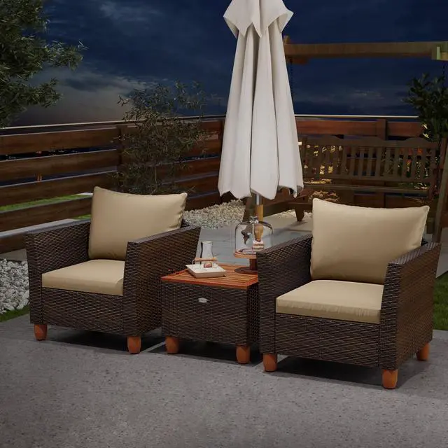 Alt view image 7 of 7 - SlickBlue 3 Pieces Patio PE Wicker Furniture Set with Cushions and Acacia Wood Storage Coffee Table-Beige
