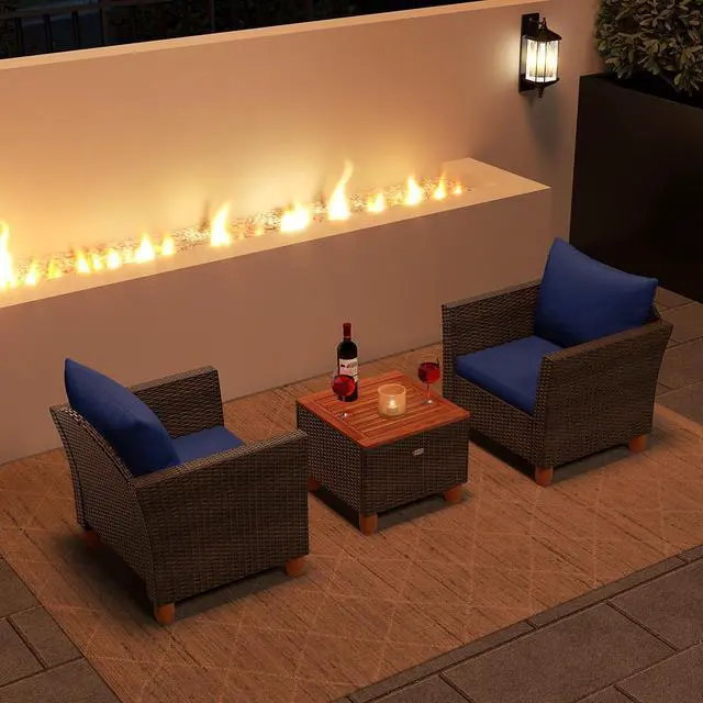 Alt view image 3 of 7 - SlickBlue 3 Pieces Patio PE Wicker Furniture Set with Cushions and Acacia Wood Storage Coffee Table-Navy