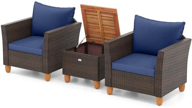 Alt view image 4 of 7 - SlickBlue 3 Pieces Patio PE Wicker Furniture Set with Cushions and Acacia Wood Storage Coffee Table-Navy