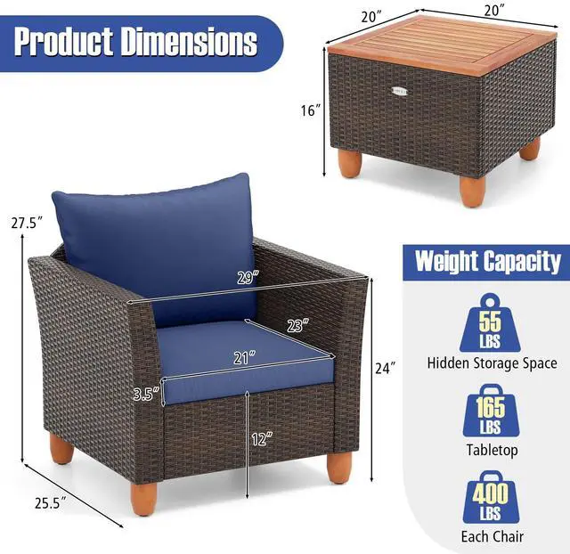 Alt view image 5 of 7 - SlickBlue 3 Pieces Patio PE Wicker Furniture Set with Cushions and Acacia Wood Storage Coffee Table-Navy