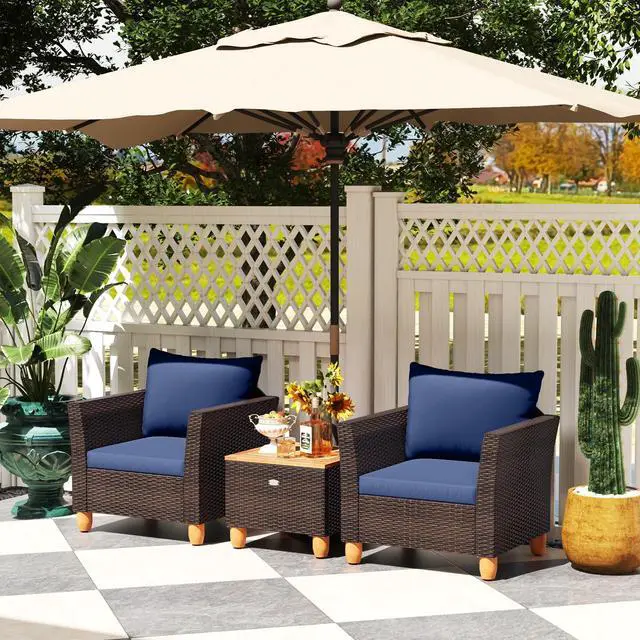 Alt view image 6 of 7 - SlickBlue 3 Pieces Patio PE Wicker Furniture Set with Cushions and Acacia Wood Storage Coffee Table-Navy