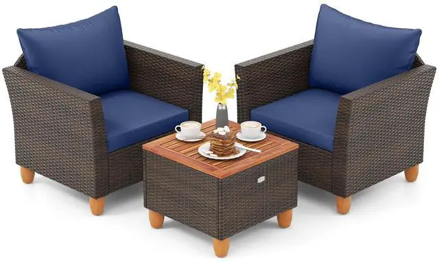 Main image of SlickBlue 3 Pieces Patio PE Wicker Furniture Set with Cushions and Acacia Wood Storage Coffee Table-Navy