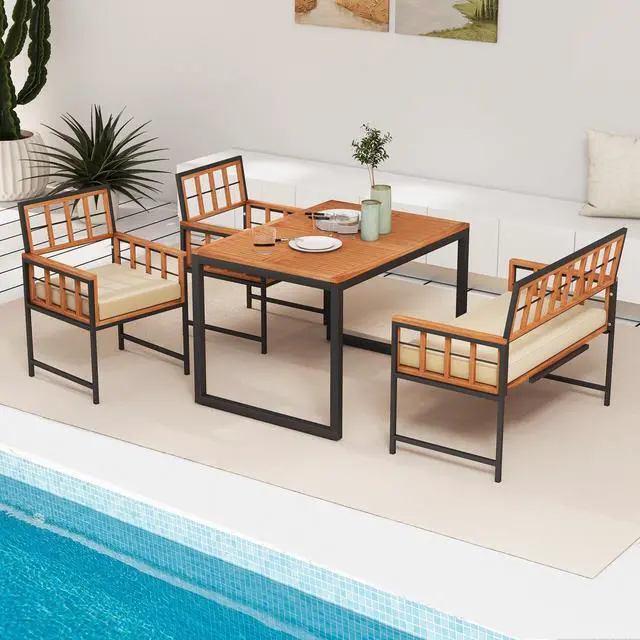Alt view image 3 of 7 - SlickBlue 4 Pieces Acacia Wood Patio Dining Set with 1 Rectangular Table