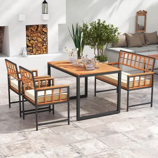 Alt view image 2 of 7 - SlickBlue 4 Pieces Acacia Wood Patio Dining Set with 1 Rectangular Table