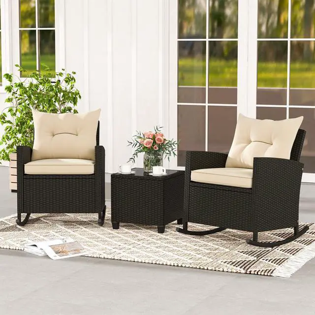 Alt view image 2 of 7 - SlickBlue 3-Piece Patio Rattan Roker Chairs with Tempered Glass Table and Soft Cushions