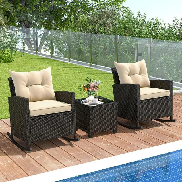 Alt view image 3 of 7 - SlickBlue 3-Piece Patio Rattan Roker Chairs with Tempered Glass Table and Soft Cushions