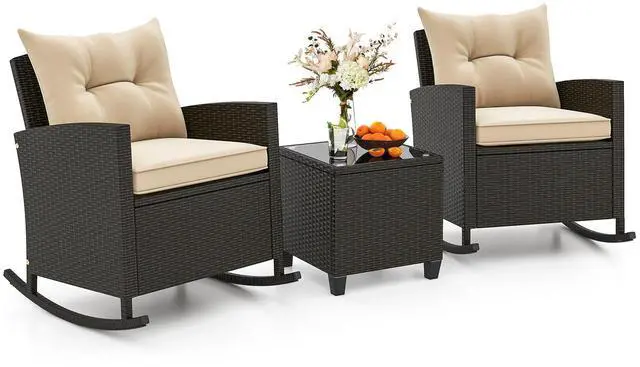 Alt view image 4 of 7 - SlickBlue 3-Piece Patio Rattan Roker Chairs with Tempered Glass Table and Soft Cushions