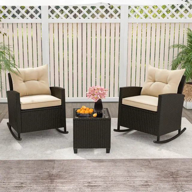 Alt view image 6 of 7 - SlickBlue 3-Piece Patio Rattan Roker Chairs with Tempered Glass Table and Soft Cushions