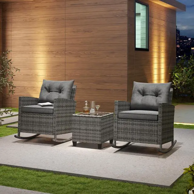 Alt view image 6 of 7 - SlickBlue Patio Rattan Roker Chairs with Tempered Glass Table and Soft Cushions for Backyard  Poolside Porch
