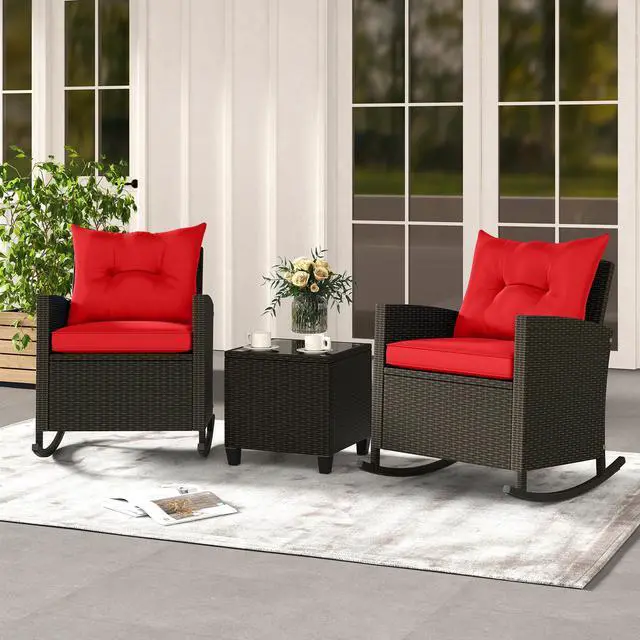 Alt view image 2 of 7 - SlickBlue 3-Piece Patio Rattan Roker Chairs with Tempered Glass Table and Soft Cushions