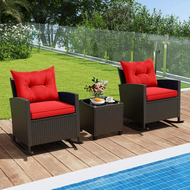 Alt view image 3 of 7 - SlickBlue 3-Piece Patio Rattan Roker Chairs with Tempered Glass Table and Soft Cushions