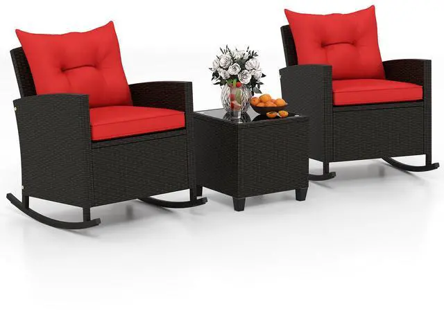 Alt view image 4 of 7 - SlickBlue 3-Piece Patio Rattan Roker Chairs with Tempered Glass Table and Soft Cushions