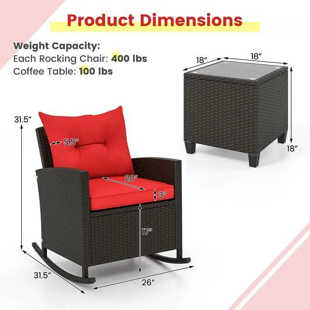 Alt view image 5 of 7 - SlickBlue 3-Piece Patio Rattan Roker Chairs with Tempered Glass Table and Soft Cushions