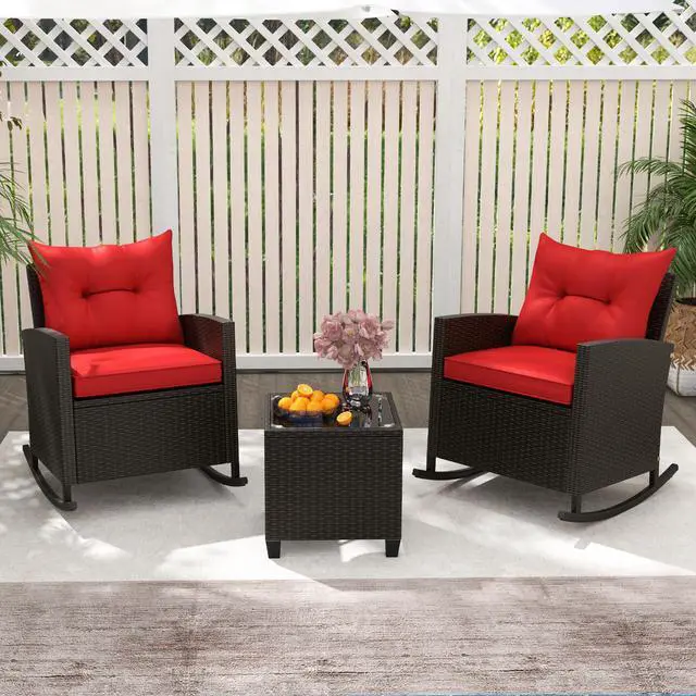 Alt view image 6 of 7 - SlickBlue 3-Piece Patio Rattan Roker Chairs with Tempered Glass Table and Soft Cushions