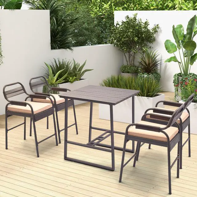 Alt view image 2 of 7 - SlickBlue 5 Piece Rattan Counter Set with 4 Stools and Polywood Bar Table
