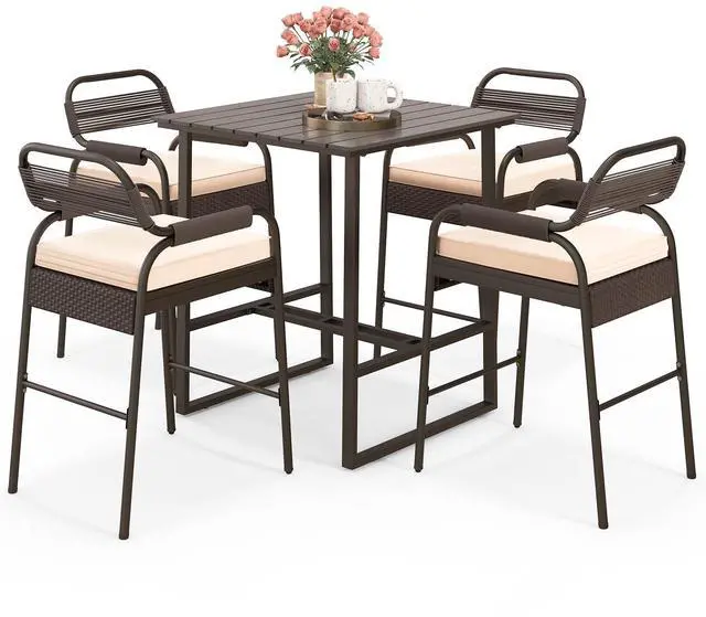 Alt view image 4 of 7 - SlickBlue 5 Piece Rattan Counter Set with 4 Stools and Polywood Bar Table