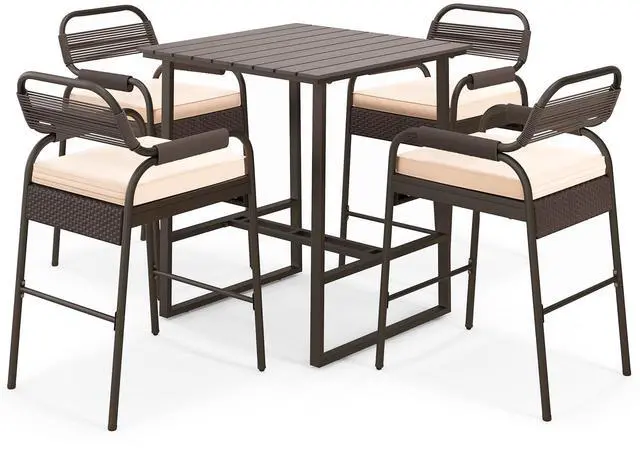 Main image of SlickBlue 5 Piece Rattan Counter Set with 4 Stools and Polywood Bar Table