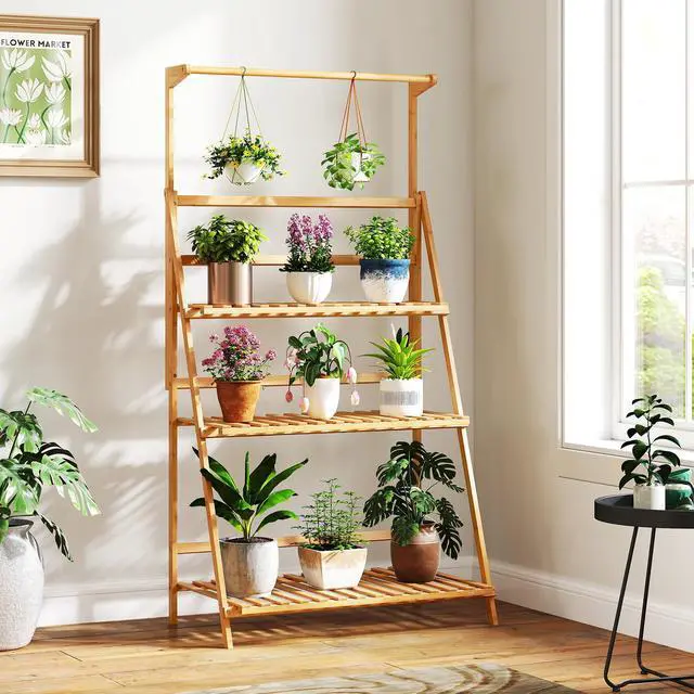 Alt view image 2 of 7 - SlickBlue 3 Tier Bamboo Hanging Plant Stand with Height Adjustable Hanger Rod