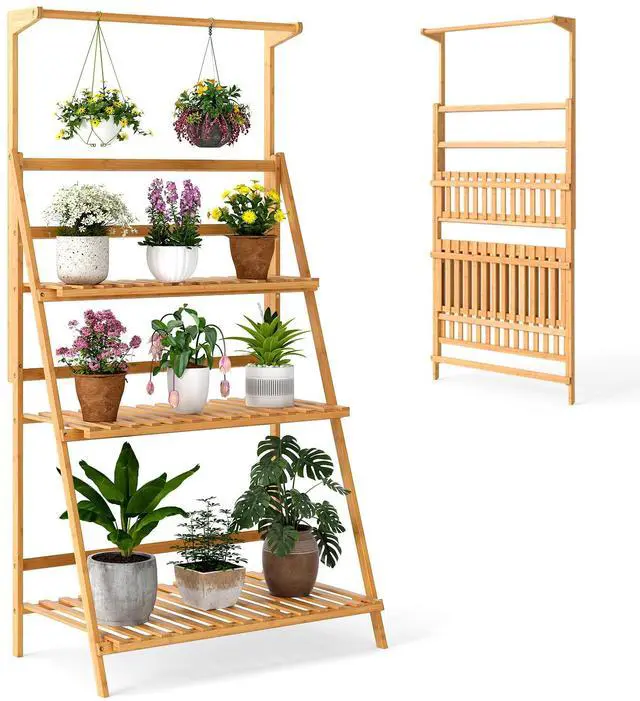 Alt view image 3 of 7 - SlickBlue 3 Tier Bamboo Hanging Plant Stand with Height Adjustable Hanger Rod