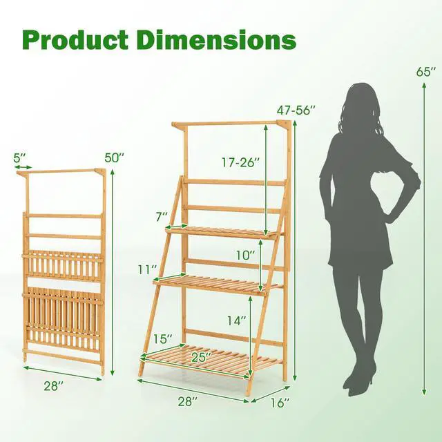 Alt view image 4 of 7 - SlickBlue 3 Tier Bamboo Hanging Plant Stand with Height Adjustable Hanger Rod