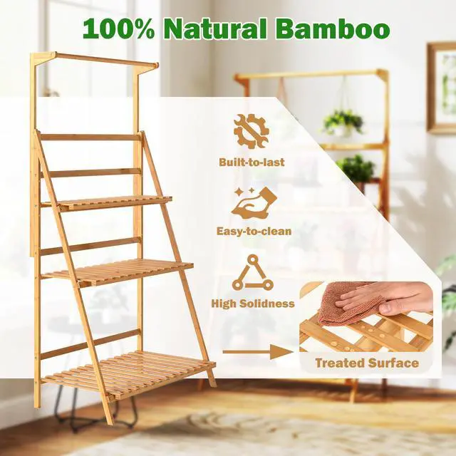 Alt view image 6 of 7 - SlickBlue 3 Tier Bamboo Hanging Plant Stand with Height Adjustable Hanger Rod