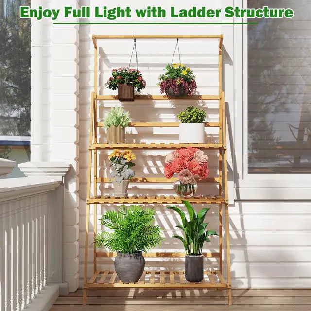 Alt view image 5 of 7 - SlickBlue 3 Tier Bamboo Hanging Plant Stand with Height Adjustable Hanger Rod