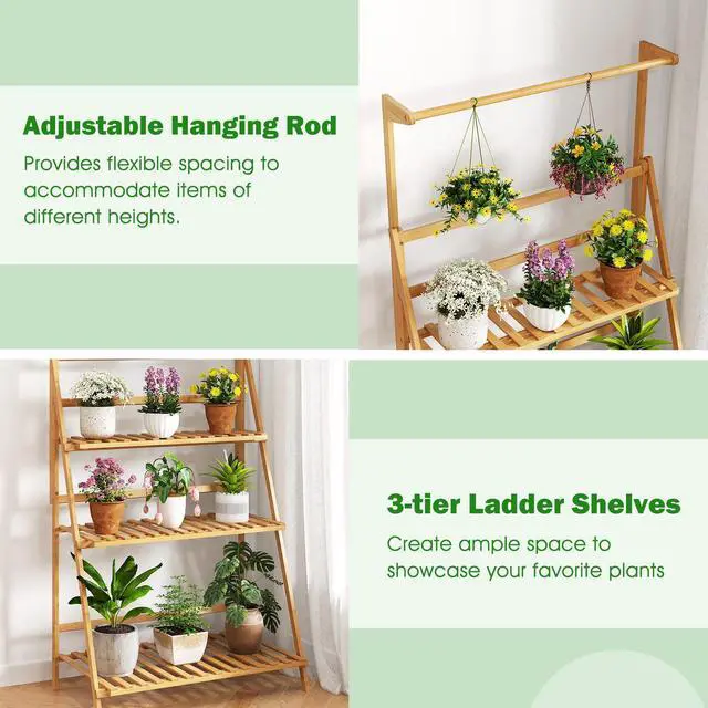 Alt view image 7 of 7 - SlickBlue 3 Tier Bamboo Hanging Plant Stand with Height Adjustable Hanger Rod