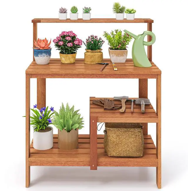 Alt view image 4 of 7 - SlickBlue Outdoor Garden Potting Wood Planting Workstation with Open Shelves