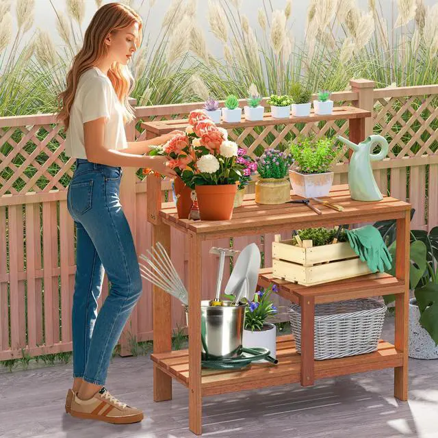 Alt view image 3 of 7 - SlickBlue Outdoor Garden Potting Wood Planting Workstation with Open Shelves