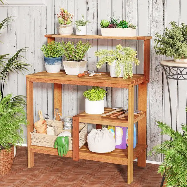 Alt view image 2 of 7 - SlickBlue Outdoor Garden Potting Wood Planting Workstation with Open Shelves