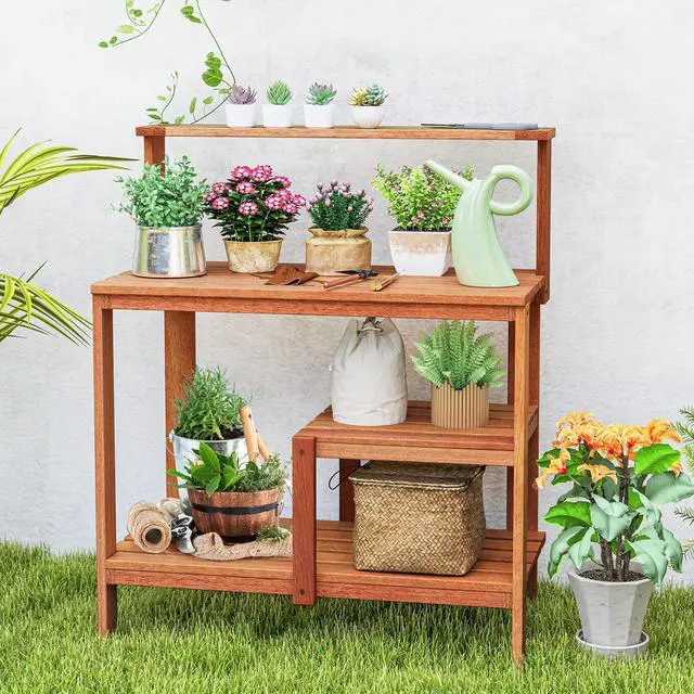 Alt view image 6 of 7 - SlickBlue Outdoor Garden Potting Wood Planting Workstation with Open Shelves
