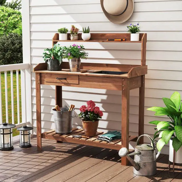 Alt view image 3 of 7 - SlickBlue Outdoor Wooden Garden Table Work Station with Storage Shelves and Drawer