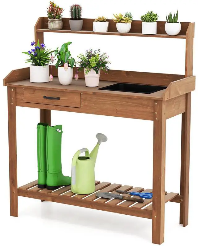 Main image of SlickBlue Outdoor Wooden Garden Table Work Station with Storage Shelves and Drawer