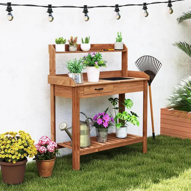 Alt view image 2 of 7 - SlickBlue Outdoor Wooden Garden Table Work Station with Storage Shelves and Drawer
