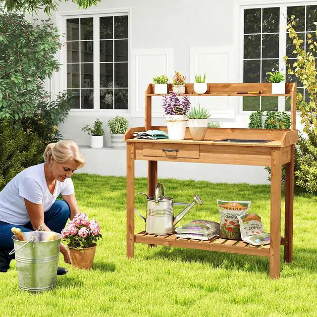 Alt view image 6 of 7 - SlickBlue Outdoor Wooden Garden Table Work Station with Storage Shelves and Drawer