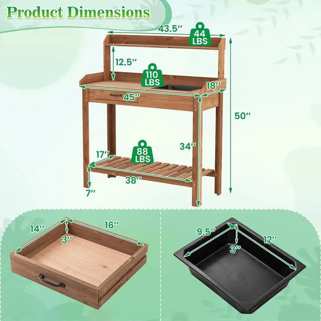 Alt view image 5 of 7 - SlickBlue Outdoor Wooden Garden Table Work Station with Storage Shelves and Drawer