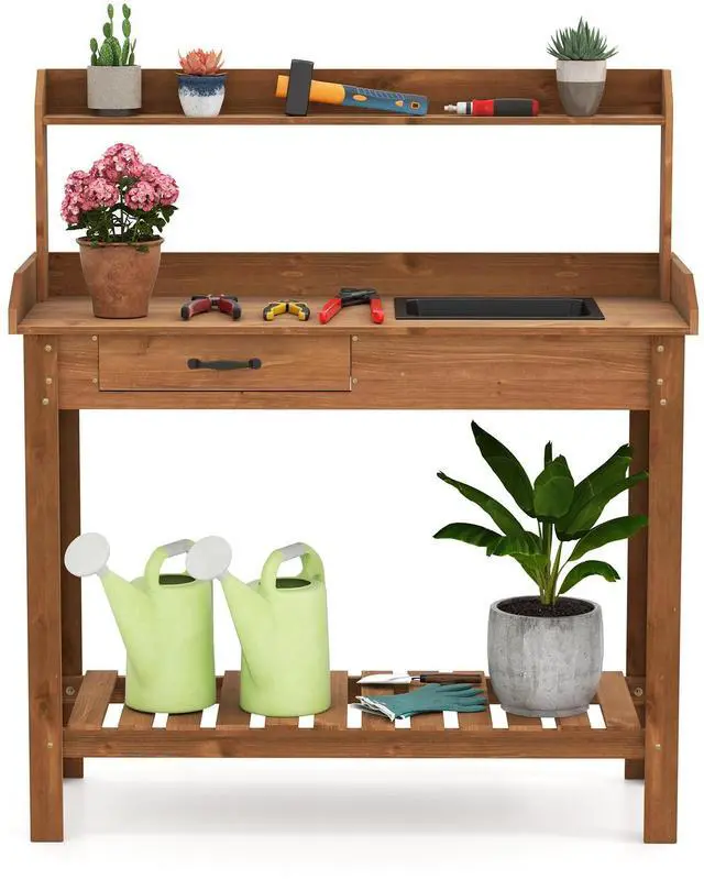 Alt view image 4 of 7 - SlickBlue Outdoor Wooden Garden Table Work Station with Storage Shelves and Drawer