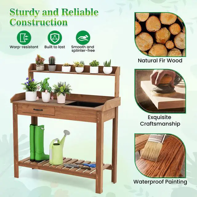 Alt view image 7 of 7 - SlickBlue Outdoor Wooden Garden Table Work Station with Storage Shelves and Drawer