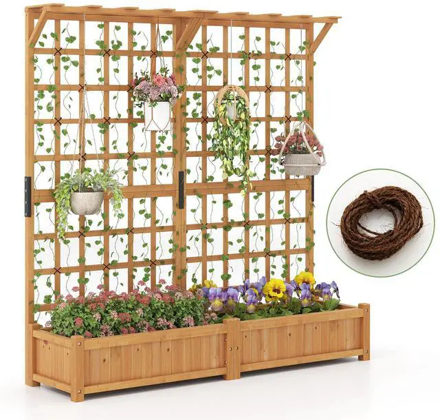 Alt view image 4 of 7 - SlickBlue 71 Inches Large Wooden Planter Container with Trellis and Hanging Roof