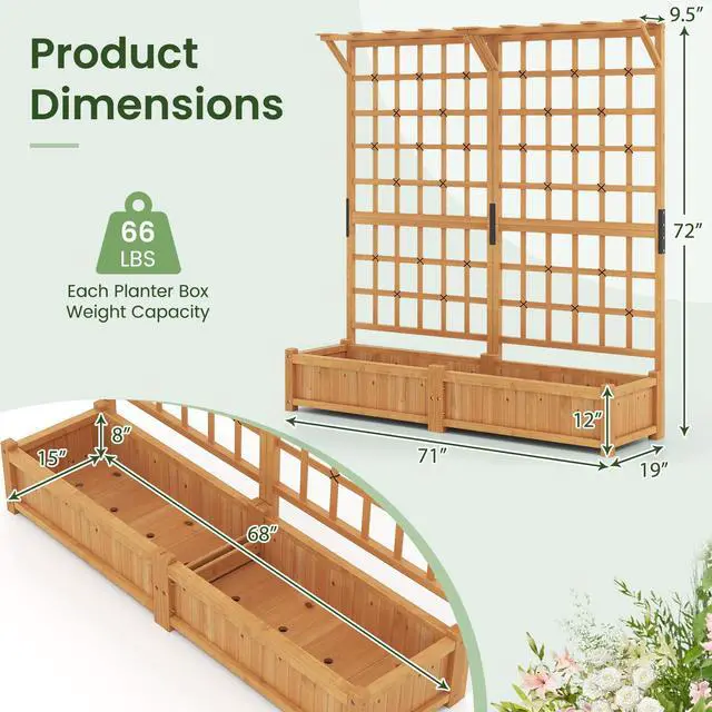 Alt view image 5 of 7 - SlickBlue 71 Inches Large Wooden Planter Container with Trellis and Hanging Roof